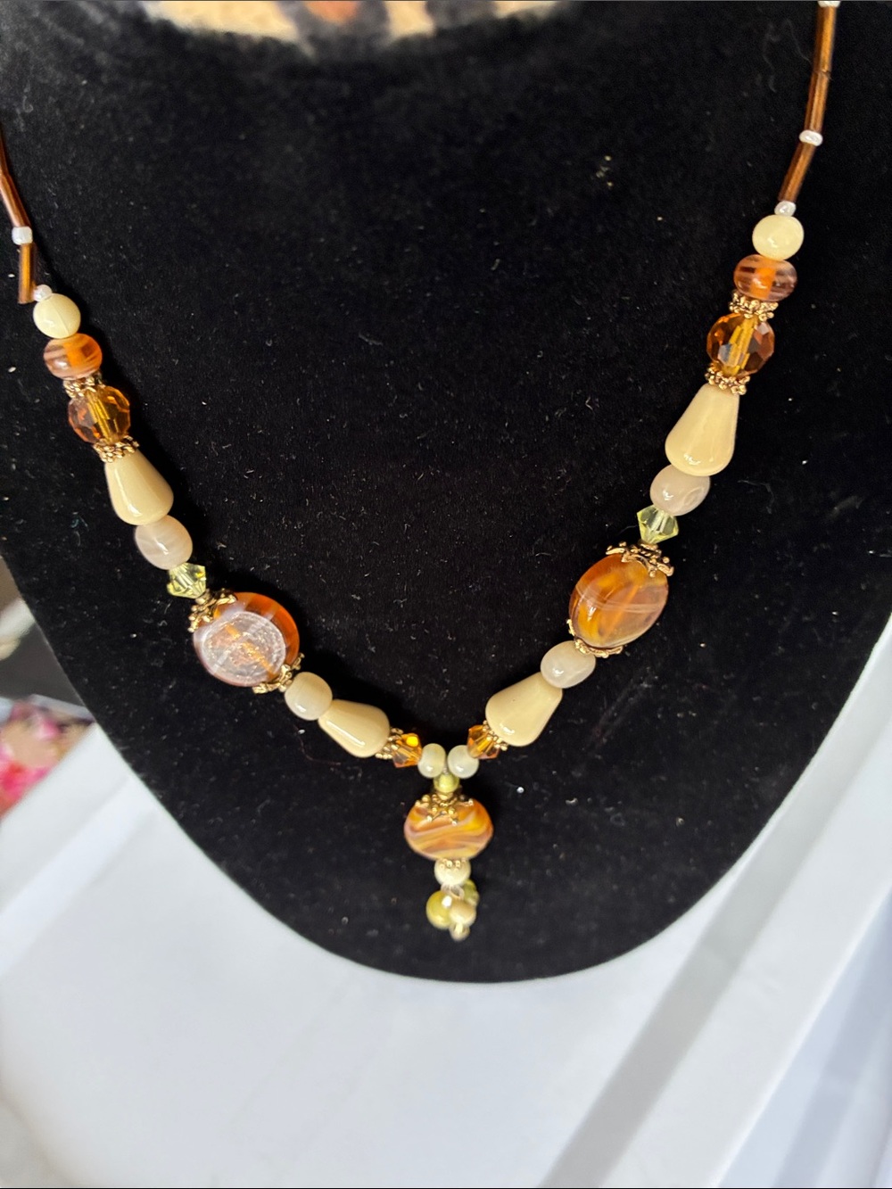 Handcrafted Amber & Cream Beaded Necklace